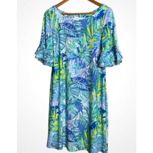 Pappagallo Tropical Leafy Blue and Green Shift Dress Medium